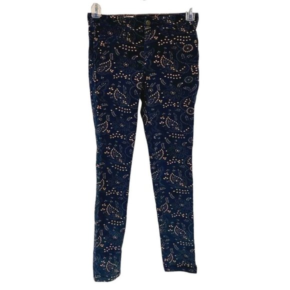 Anthro Pilcro Paisley Print Navy Blue Corduroy Skinny Jeans Serif Fit Size 27 - Picture 1 of 11